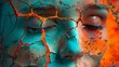 surrealism depicting a close-up of a face with a cracked texture effect in a blue-orange color scheme