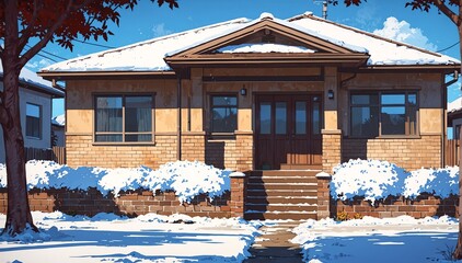 Wall Mural - bungalow house facade in winter in landscape anime cartoon illustration from Generative AI