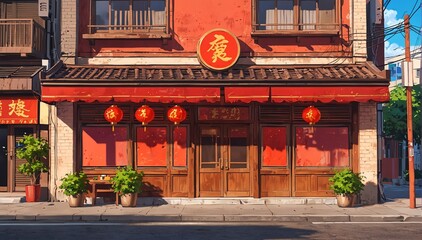 chinese restaurant facade in landscape anime cartoon illustration from Generative AI