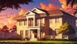 colonial house in sunset in landscape anime cartoon illustration from Generative AI