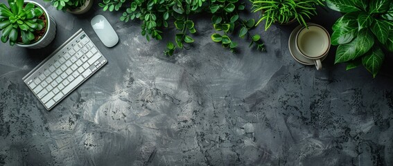 Wall Mural - Photo of a modern office desk with a white keyboard, mouse and notebook on a grey background.