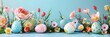 Trendy Realistic Easter greeting card, banner with flowers, Easter eggs and and flowers with copy space. Spring floral Modern 3d Easter graphic concept