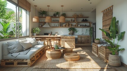 Aufkleber - Dining table and diy crate shelves in an interior