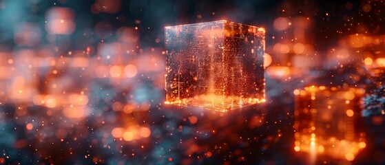 Fototapete - An abstract block chain of abstract data communicates with the world through the internet. Cloud computing, networking, shared access. 3D rendering.