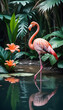 Pink flamingo on pond with tropical flowrs