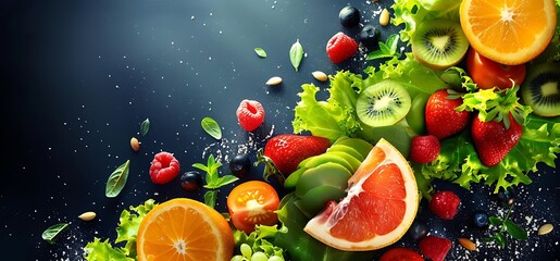 Sticker - healthy fresh fruit with salad leaves isolated on dark background