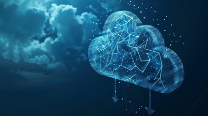 Fototapete - Technology for cloud storage depicted with polygonal wireframe and two arrows. Concept for cloud computing, big data centers, digital AI, and virtual hosting.