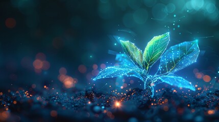 Aufkleber - Growing plant sprout. Biotechnology concept. Low poly design. Abstract blue geometric background. Wireframe light connection structure. Isolated  illustration in 3D.