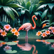 Pink flamingo in the water with tropical flowers