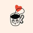 Retro doodle funny coffee character with heart poster. Vintage drink vector illustration. Latte, cappuccino, coffee cup mascot. Nostalgia 60, 70s, 80s.