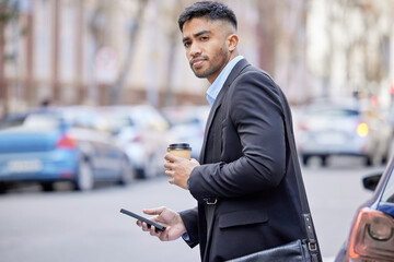 Aufkleber - Morning, transport and businessman with phone in city to call taxi on coffee break or walk to office. Man, thinking and mobile app for car, service and commute in New York or waiting for driver