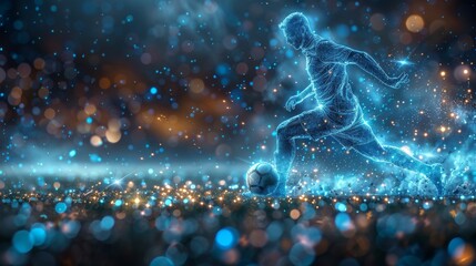 Poster - Soccer player dribbling a football in a wireframe low polygraphic image