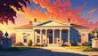 greek revival mansion house sunset in landscape anime cartoon illustration from Generative AI