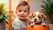 Friendship between man and dog. Cute boy with his puppy friend