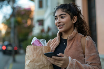 With a paper bag delivery in hand, a Hispanic woman engages in a phone conversation, likely discussing the contents or sharing the news of her delivery.