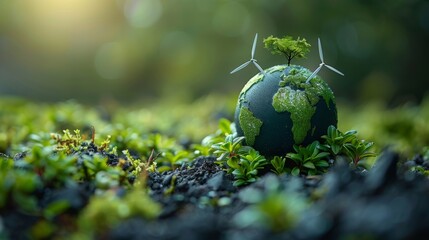 Poster - Conceptual illustration of a globe with windmills and turbines for Earth Day or Environment Day