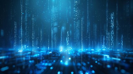 Fototapete - Digital building in matrix style; binary city of blue light; abstract technological background,