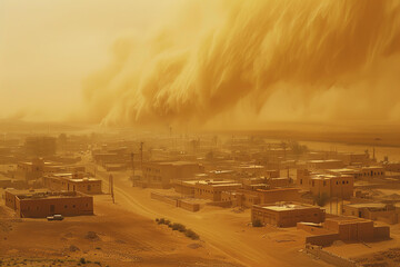 Poster - A sandstorm sweeps through a desert town - swirling sand reducing visibility to near zero and dramatically altering the day-to-day life