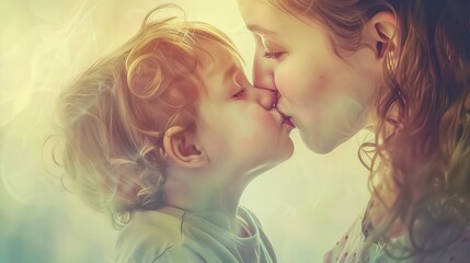 Wall Mural - Mom comforting her child after a scrape, a kiss making everything better