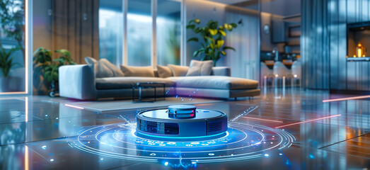 Poster - Wireless Futuristic Robot Vacuum Cleaner with HUD Controls - Smart Home IoT Living Room Cleaning Tech Concept