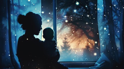 Wall Mural - Silhouette of mom with her baby, watching the stars through a window