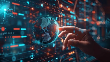 Leinwandbilder - An icon interface for big data with a world and globe icon and a modern interface for hand-selecting and pressing Big Data symbols...