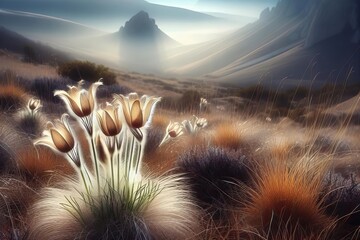 Wall Mural - field of flowers with a mountain in the background