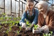young woman and an older woman are planting seedlings in a greenhouse