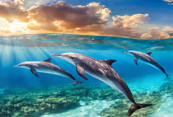 Two dolphins happily swimming in the ocean