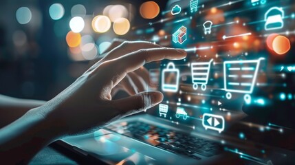 Aufkleber - A virtual hand pushing symbol of online shopping on a computer and smart phone with modern UIs.