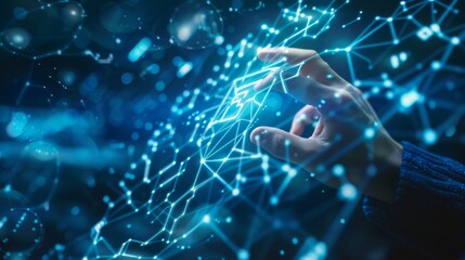 Fototapete - A hand-touched network of telecommunication and wireless mobile internet technology with 5G LTE data connection for global business, fintech, and blockchain issues.