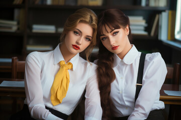 Wall Mural - Two women are sitting at a desk with books around them