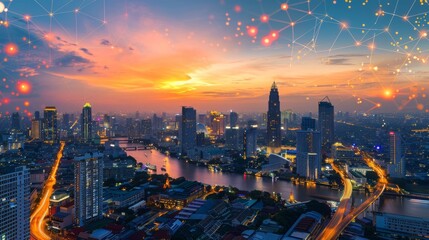 Poster - Abstract Bangkok city background in panorama view of wireless network and connection technology