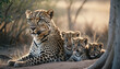 Beautiful mother leopard and cubs resting