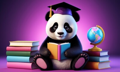 Wall Mural - Graduation and study concept for banner, poster,t- shirt, sticker, Backpacks and Bags, Notebook Covers design.3D illustration cute panda baby wearing graduation cap sits with globe and books. 