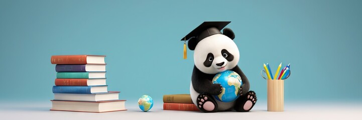 Wall Mural - Banner 3d illustration,cute panda baby wearing graduation cap sits with books and globe.Graduation and study concept for banner, poster,t- shirt, sticker, Backpacks and Bags, Notebook Covers design.