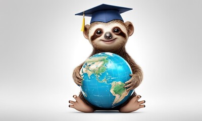 Wall Mural - 3d illustration,cute sloth baby wearing graduation cap with globe.Graduation and study concept for banner, poster,t- shirt, sticker, Backpacks and Bags, Notebook Covers design.