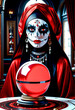 Beautiful mysterious fortune teller joker predicts fate on a magic ball