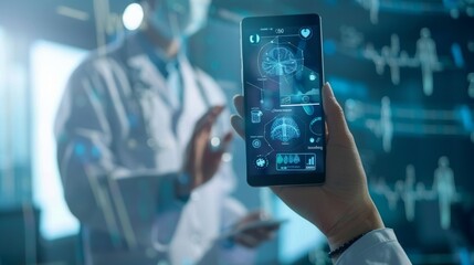 Aufkleber - An interactive VR medical interface with internet consultation technology for online communication between a hand holding smartphone and a medical doctor.