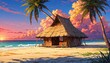 nipa hut on beach sunset in landscape anime cartoon illustration from Generative AI