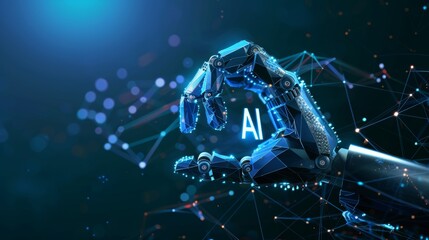 Poster - Machine learning or artificial intelligence concept with futuristic elements, robot hand graphic with AI symbol