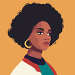 Portrait of a beautiful woman. Avatar for social networks. Bright vector illustration in flat style. Beautiful afro black girl in bright clothes with beautiful hair on a yellow background.