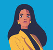 Portrait of a beautiful Hispanic woman. Avatar for social networks. Bright vector illustration in flat style. Beautiful afro black girl in a yellow jacket with beautiful hair on a blue background