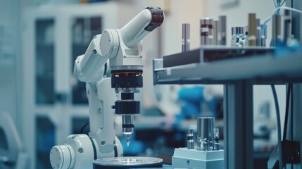 Poster - An artificially intelligent robot arm analyzes mathematics to automate innovation manufacturing. Robotics, virtual technologies, and machine learning are concepts of mechanized industries of the