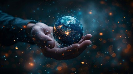 Poster - Hand holding the metaverse universe, night grow earth, and global data exchange and global communication network security concept.