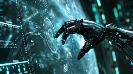 Poster - Virtual reality technology or artificial intelligence technology, graphic of robot hand using futuristic interface
