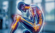 digital illustration of skeletal discomfort in seated posture with glowing joints