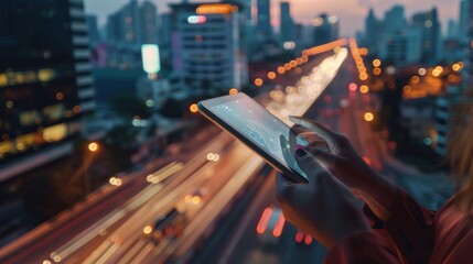 Aufkleber - An image of a businesswoman using a digital tablet computer of a global logistics network distribution and transportation Ui, smart logistics, and innovations in the future of transportation is shown
