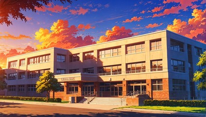 school building in sunset in landscape anime cartoon illustration from Generative AI