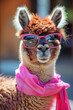 Beautiful brown alpaca with sunglasses and satin scarf